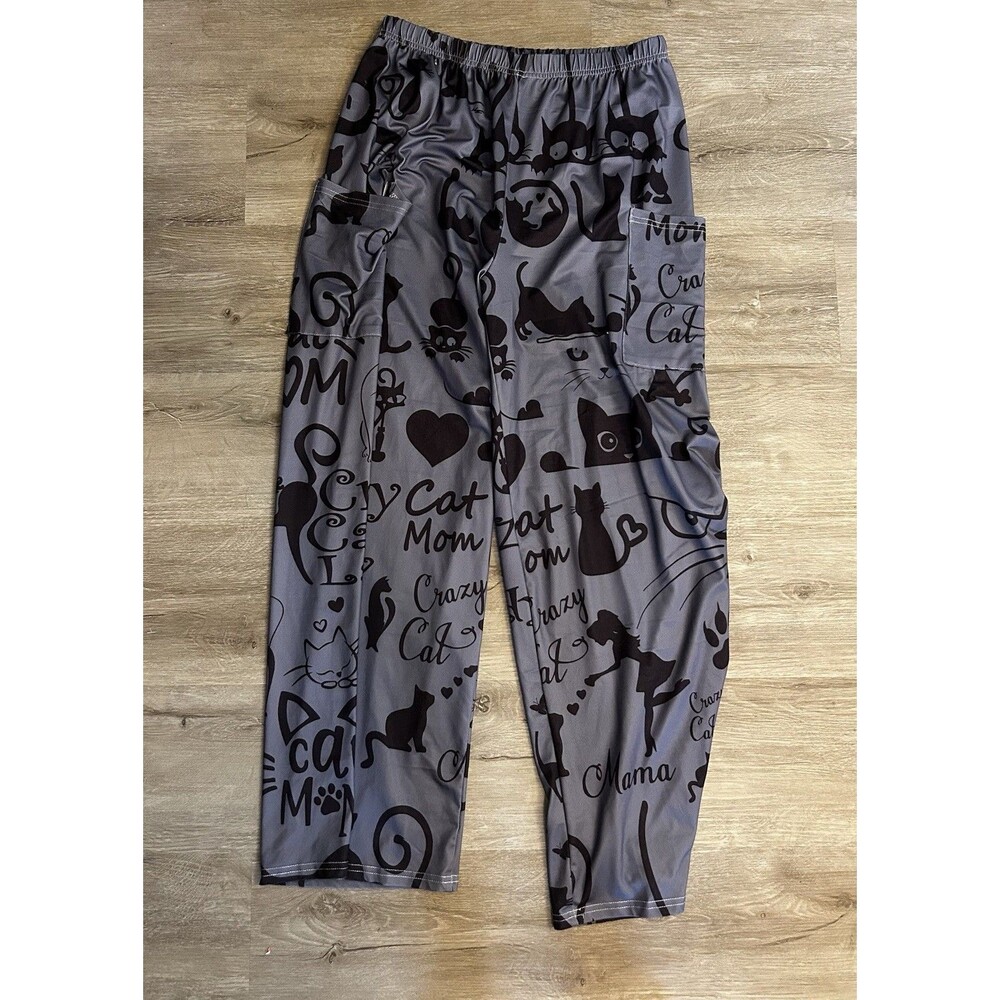 Cat Mom Lounge Pants Gray Black Print Stretch Casual Pants Front Pocket Sz L EUC - Picture 8 of 16